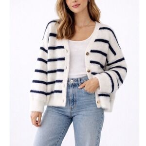 A‎ New Day Striped Fuzzy Cardigan Womens 3X Navy White Gold Button Nautical Chic